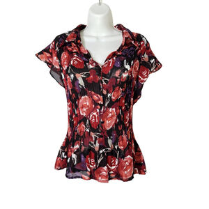 Bethany vintage Black Red Floral Pleated Blouse Plus Size 16 Y2K ruffle